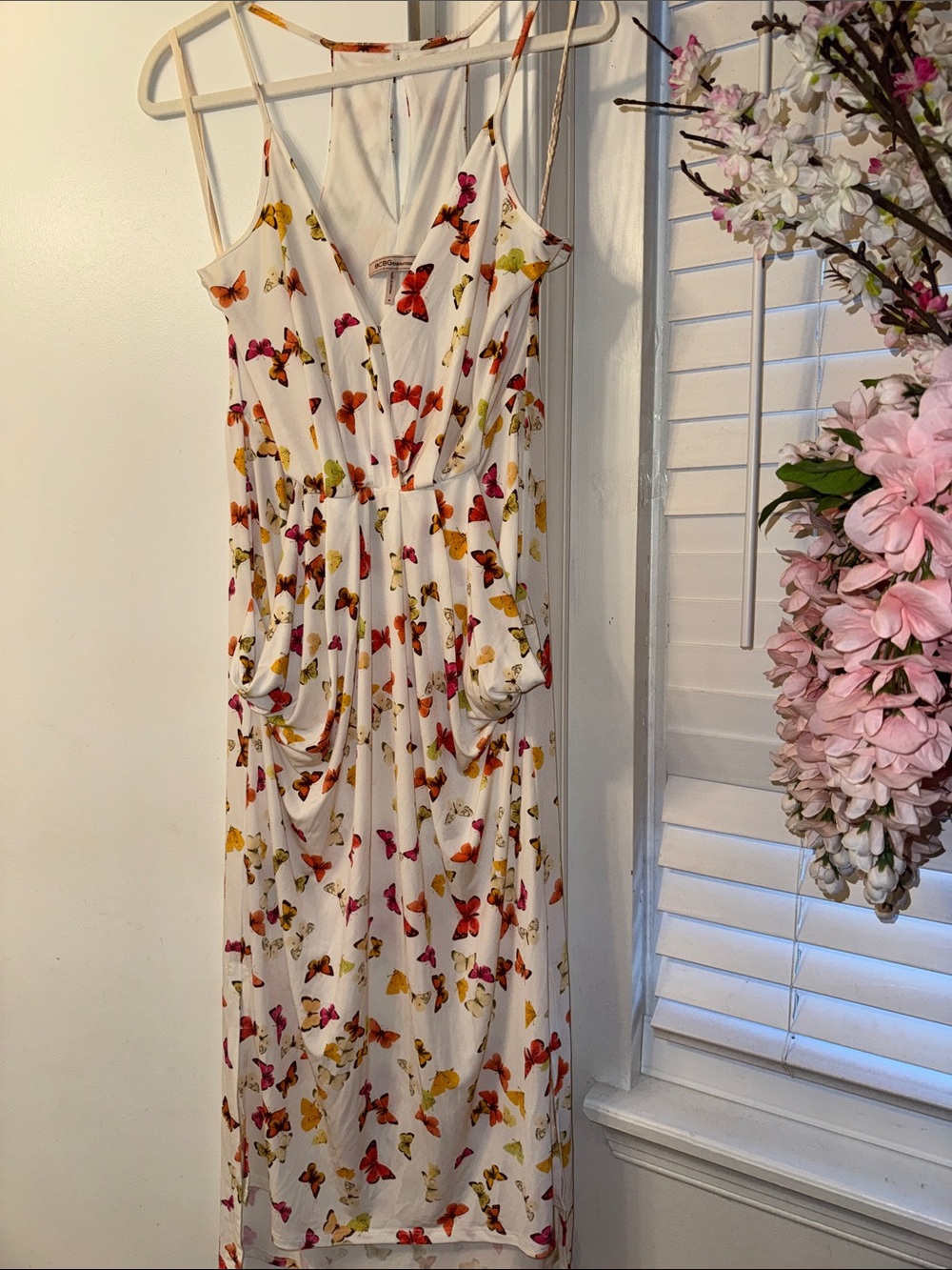 BCBGeneration White Maxi Dress with Multicolor Butterfly Print